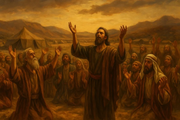 Grupa Izraelitów na tle obozu, unoszących ręce w modlitwie do Boga