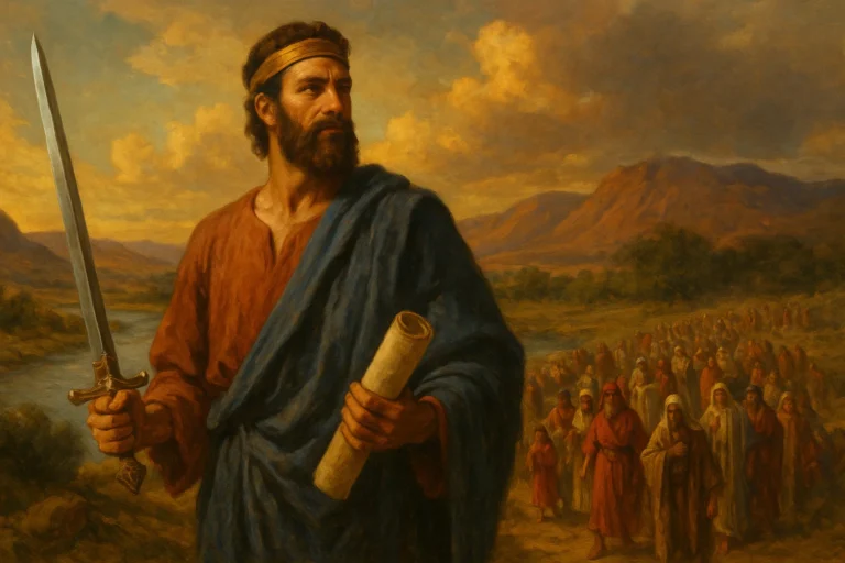 Jozue na tle Jordanu, trzymający miecz albo zwój, symbolizujący przyjęcie przywództwa.