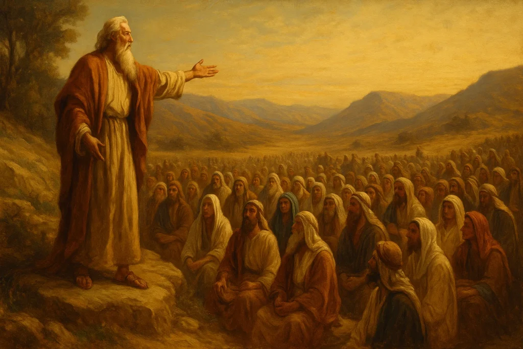 Mojżesz stojący na wzniesieniu, przemawiający do zgromadzonego ludu Izraela.