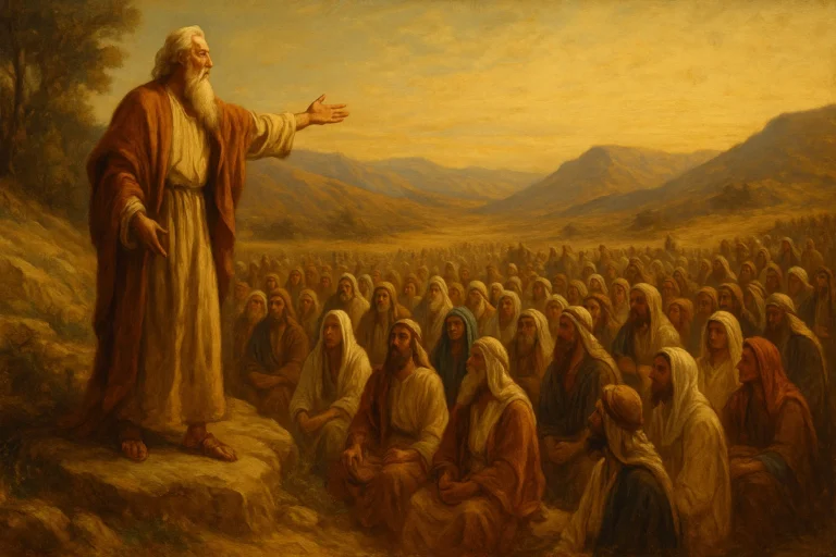 Mojżesz stojący na wzniesieniu, przemawiający do zgromadzonego ludu Izraela.