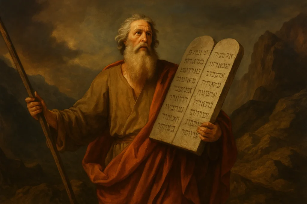 Mojżesz z tablicami przykazań na tle góry Synaj